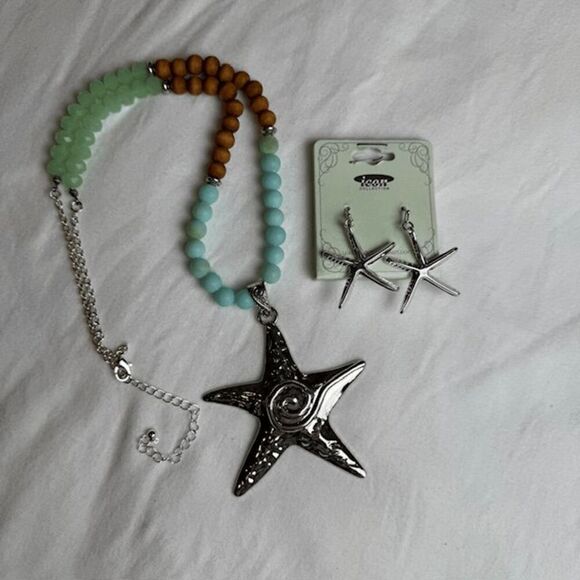 NWT Starfish Statement Necklace and Earrings Set Silver Tone Blue Green Wood - Picture 5 of 11